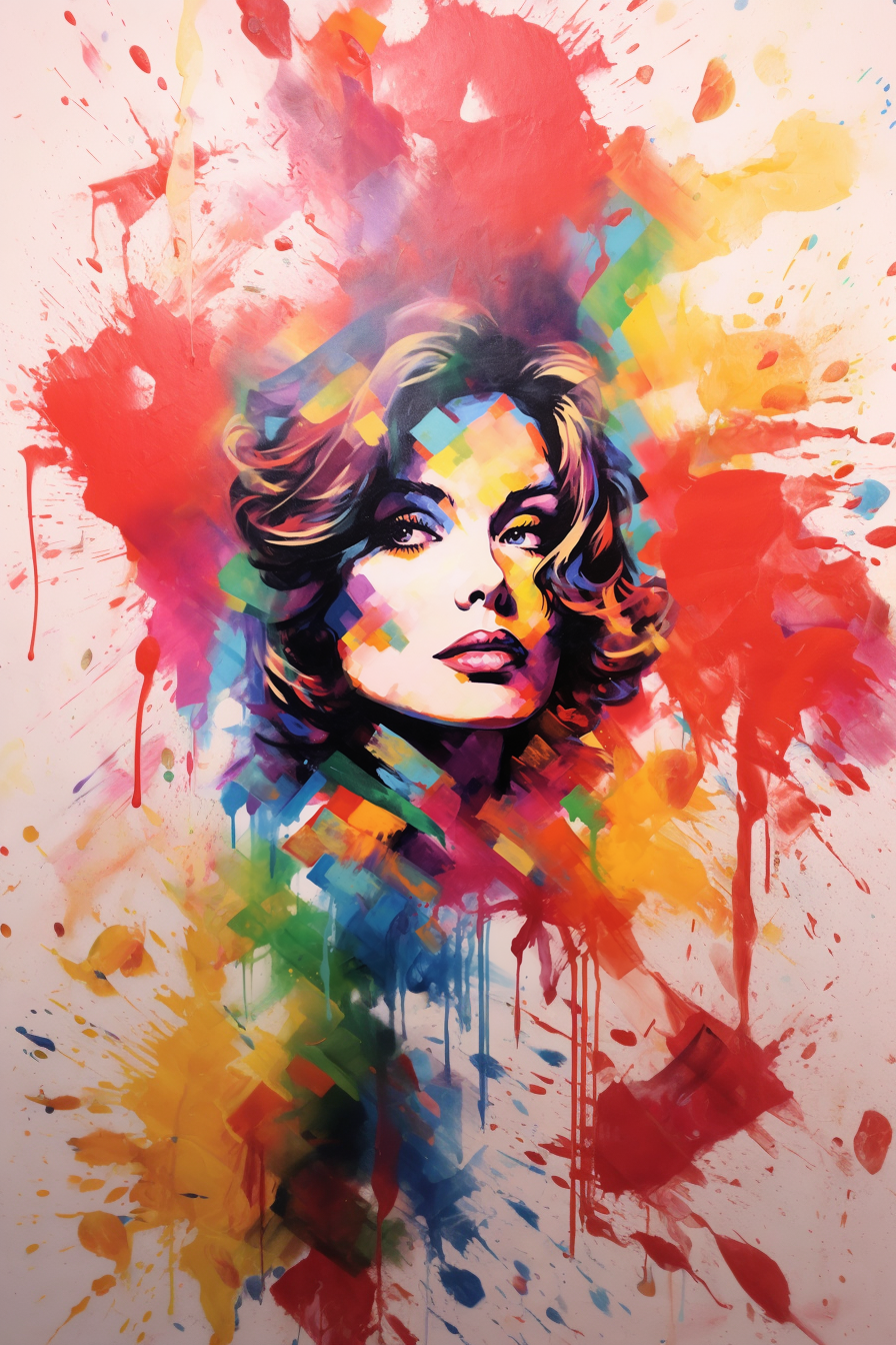 Geometric mosaic woman portrait art print with glamorous upward gaze and paint explosion