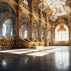 Gilded baroque palace interior art print with golden staircase and chandeliers