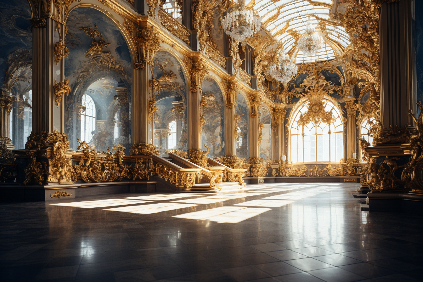 Gilded baroque palace interior art print with golden staircase and chandeliers