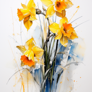 Golden daffodils watercolour art print of four blooms with orange coronas and blue washes