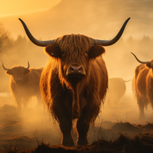 highland cattle golden mist art print of central shaggy cow with long horns at golden sunrise