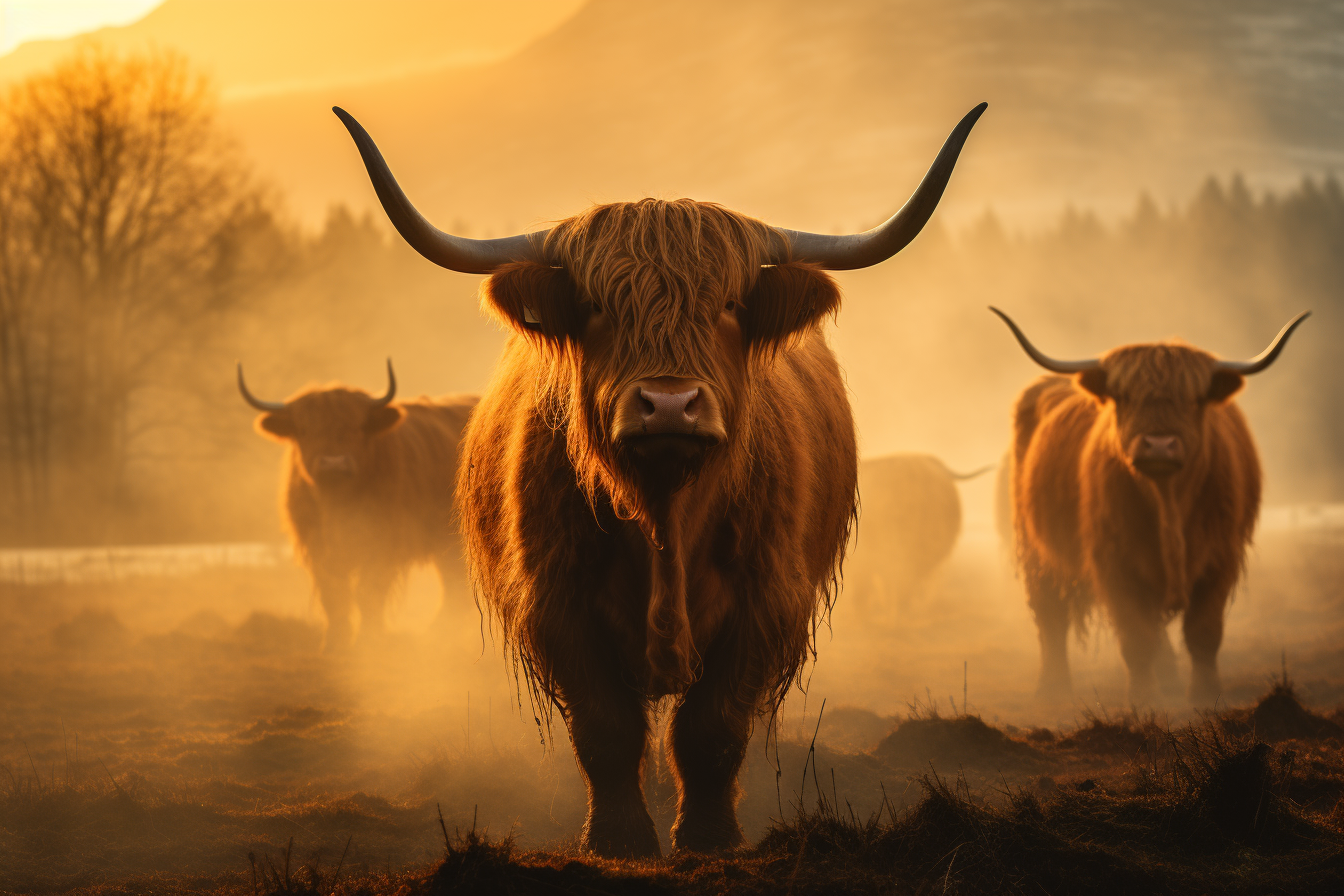 highland cattle golden mist art print of central shaggy cow with long horns at golden sunrise