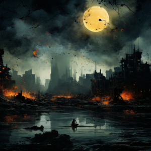Lone boatman ember moon art print with silhouetted figure rowing toward burning ruined cityscape