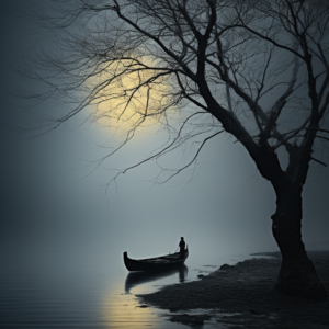 Lone boatman misty moon art print featuring silhouetted tree and figure on lake