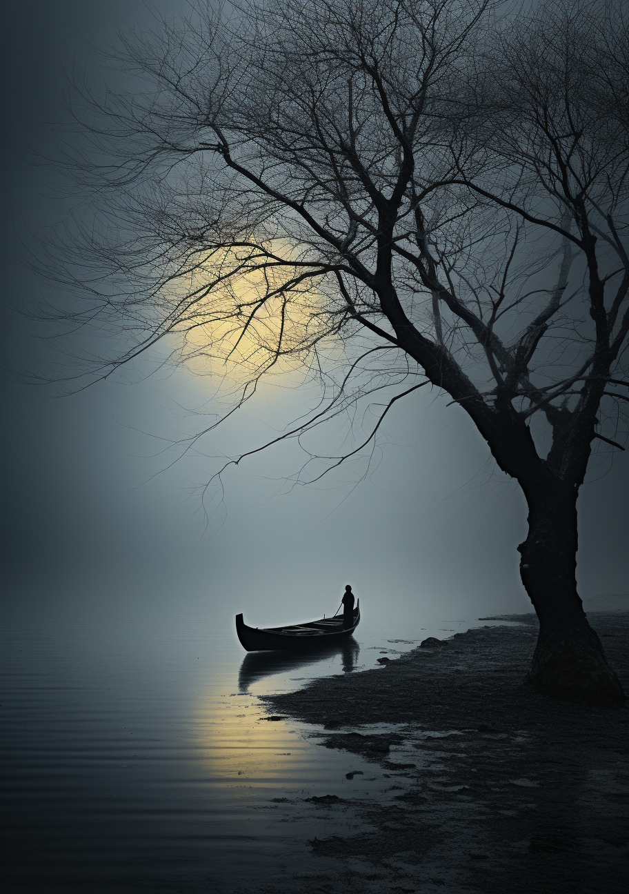 Lone boatman misty moon art print featuring silhouetted tree and figure on lake