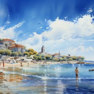 Mediterranean beach terracotta rooftops art print with azure sea bathers and coastal town