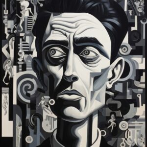 Intense geometric male portrait art print of a man in suit against complex geometric forms