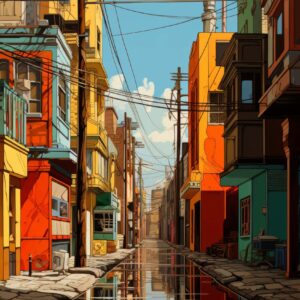 Colourful alley water reflection art print of sunlit urban street and perfect water mirror