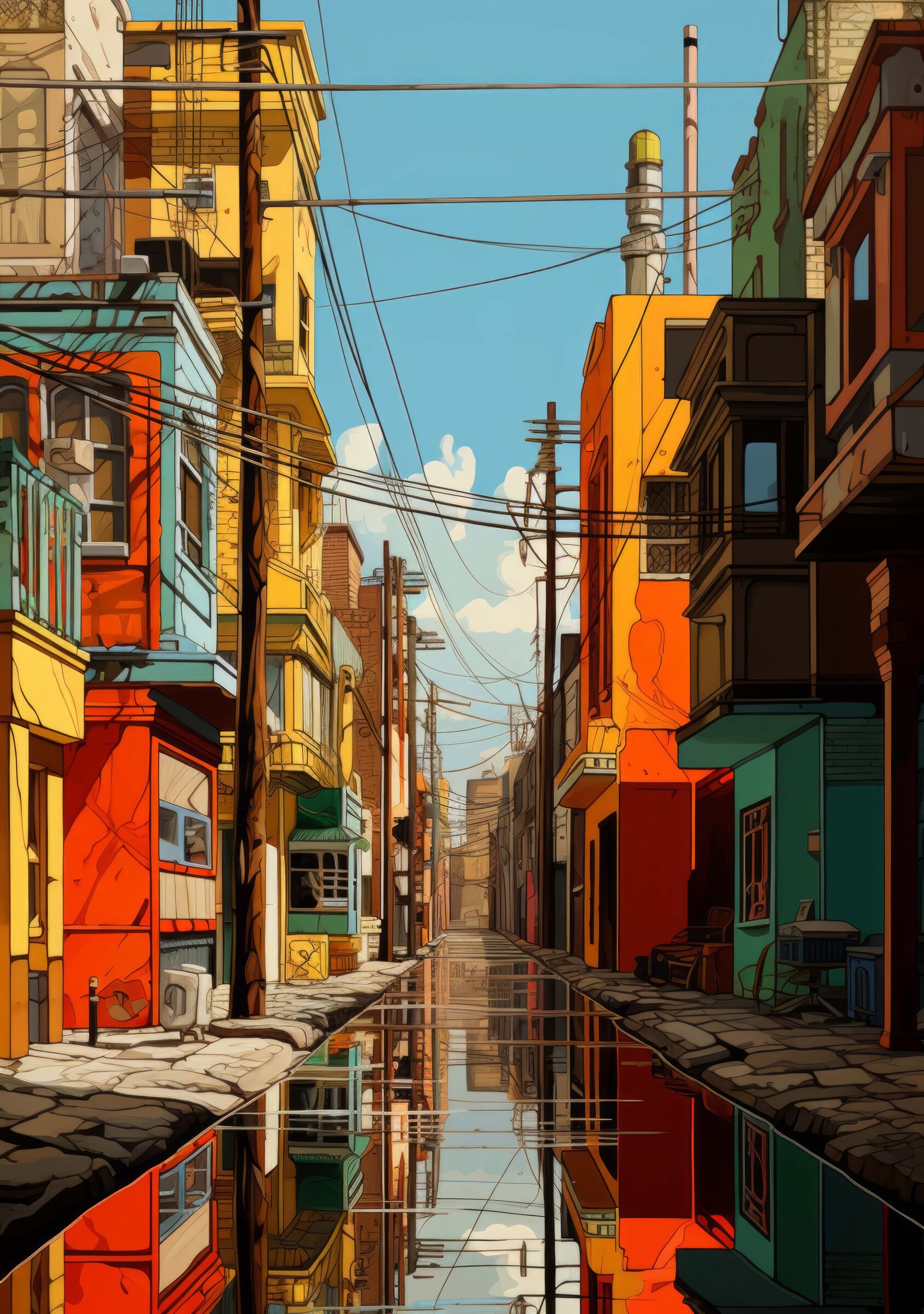 Colourful alley water reflection art print of sunlit urban street and perfect water mirror