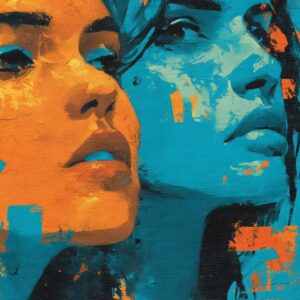Two overlapping faces orange blue art print of dual female portraits in bold contrast