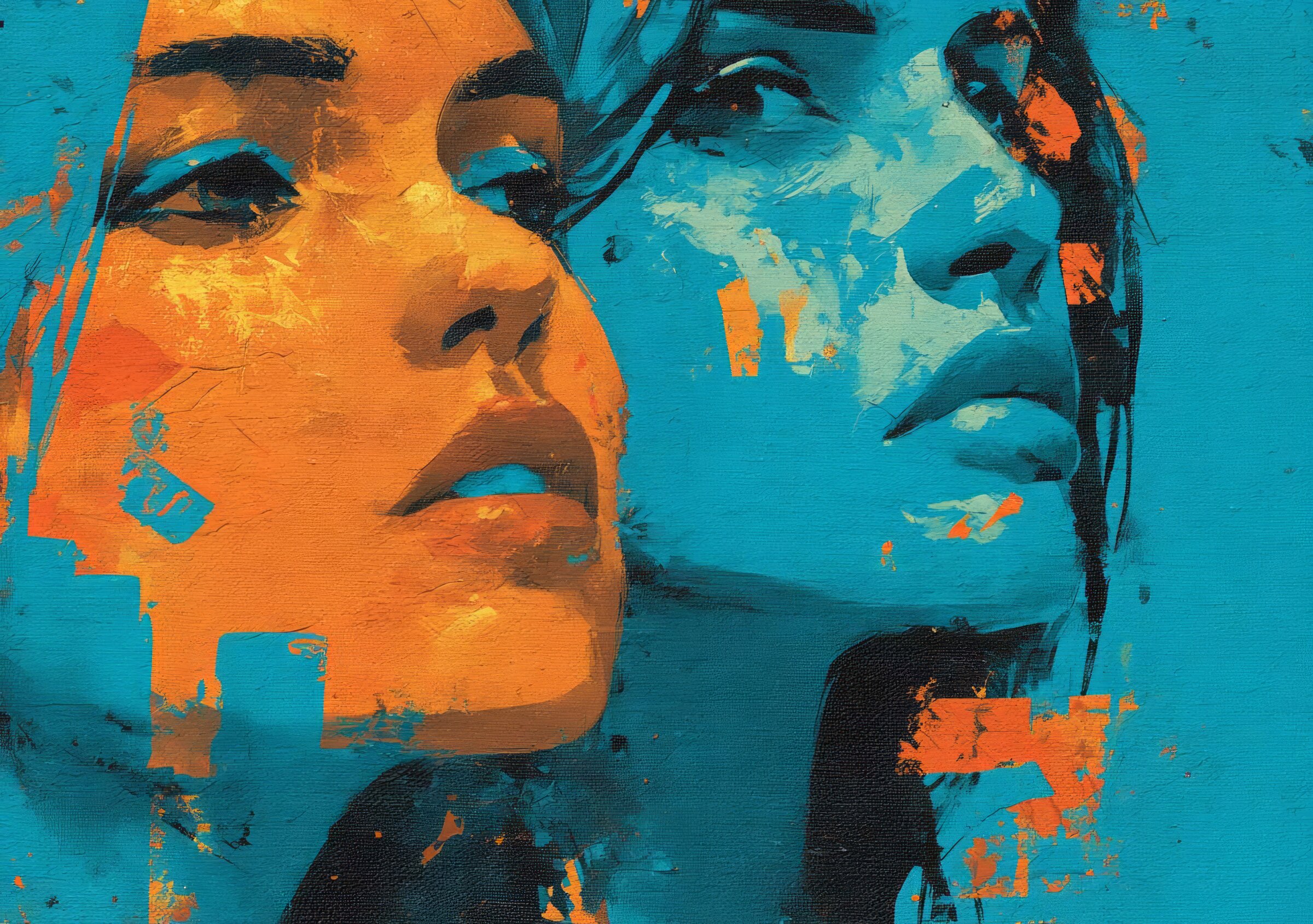 Two overlapping faces orange blue art print of dual female portraits in bold contrast