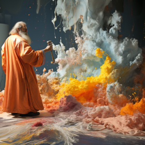 Orange robe alchemist gavel art print with sage and pigment clouds