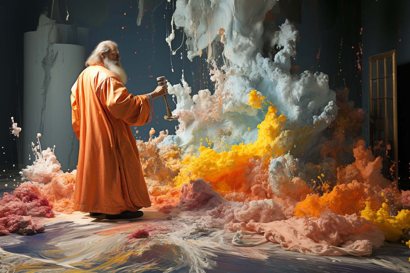Orange robe alchemist gavel art print with sage and pigment clouds