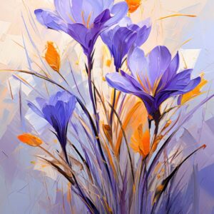 Purple crocus orange accents art print with luminous blooms and abstract background