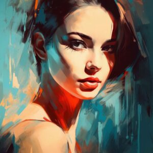 Mysterious woman red lips art print with dark hair and teal orange layers