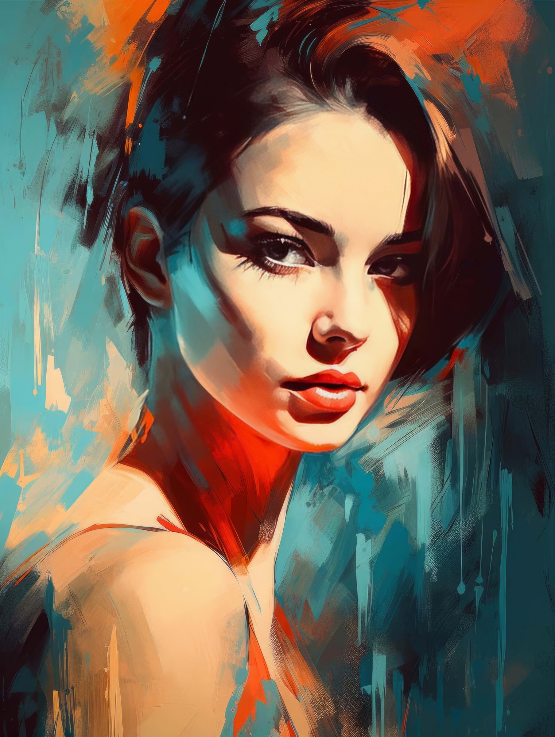 Mysterious woman red lips art print with dark hair and teal orange layers