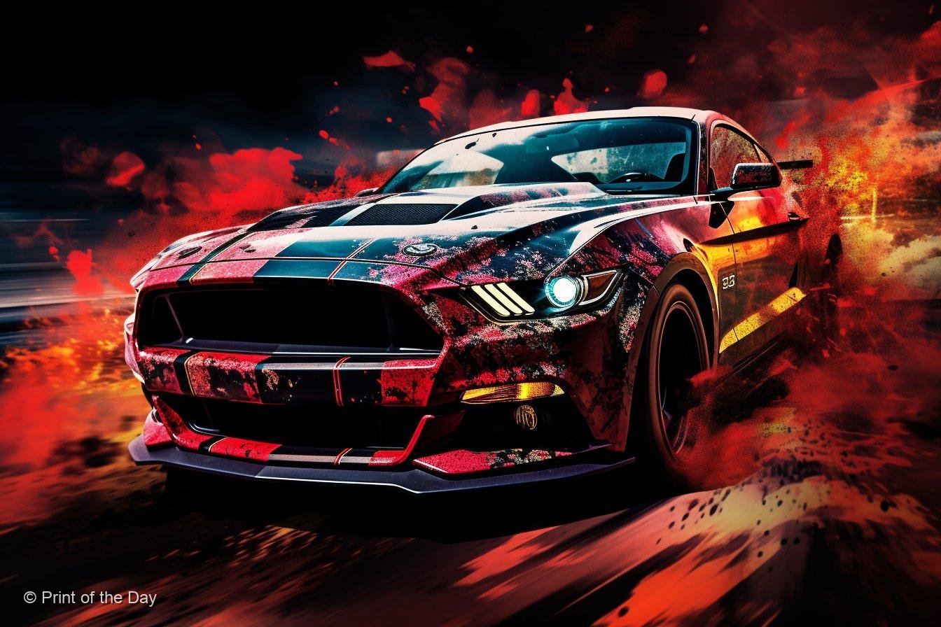 red mustang fire explosion art print charging through crimson debris