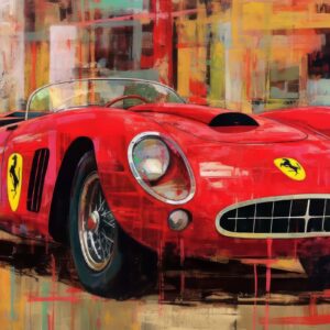 Red vintage Ferrari art print depicting classic scarlet roadster on abstract colourful background