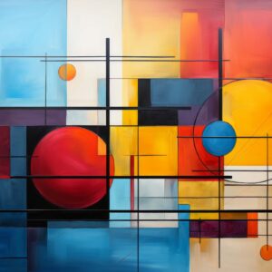 red yellow geometric circles art print with black lines and colour blocks