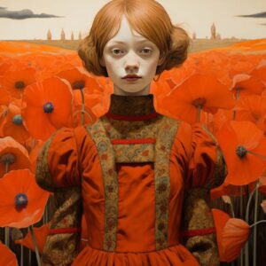 Young redhead girl poppy field art print with freckles standing in vibrant orange poppies