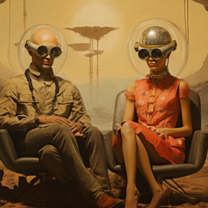 Retro futurist space couple art print of helmeted figures seated in ochre desert landscape