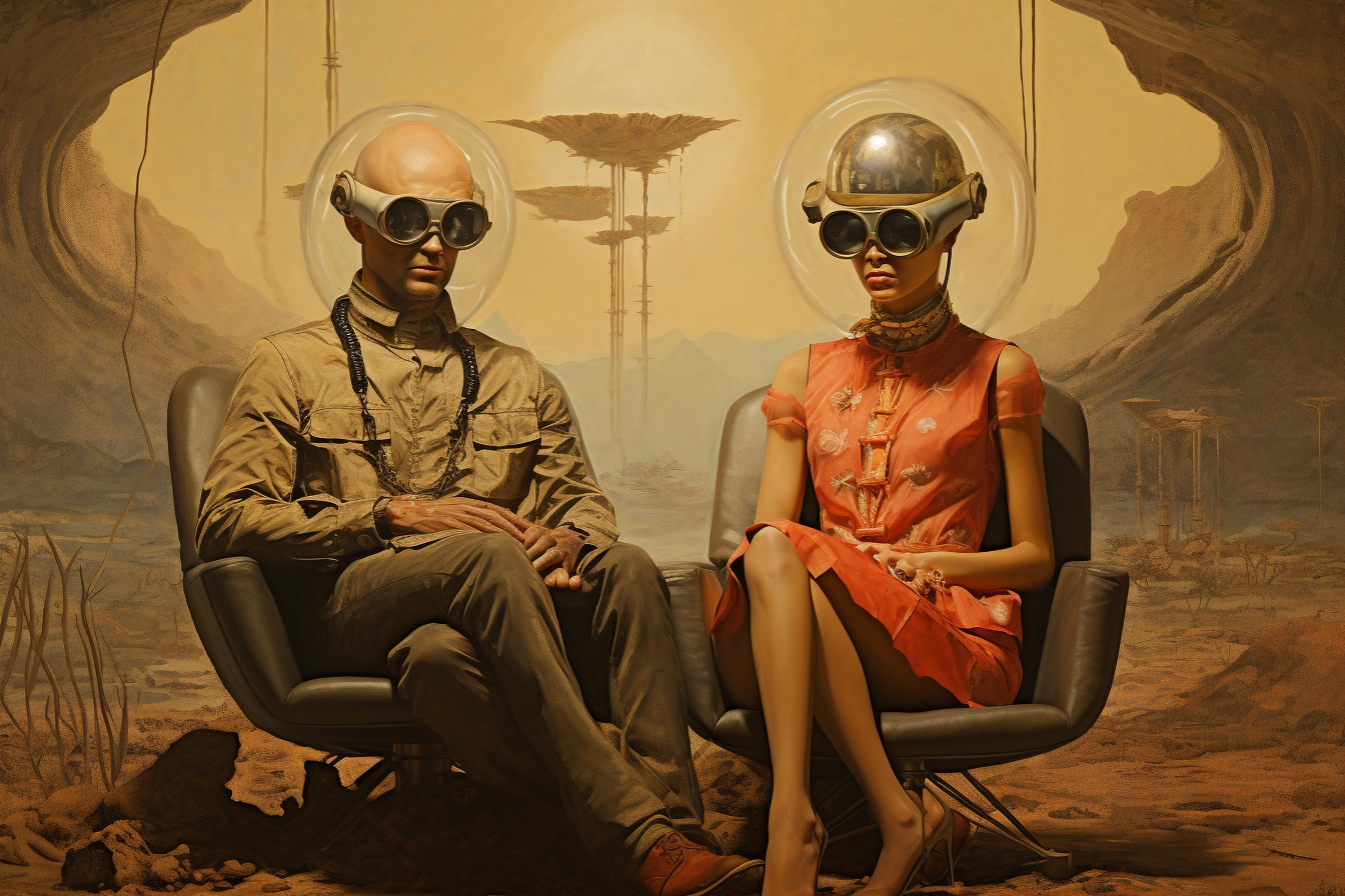 Retro futurist space couple art print of helmeted figures seated in ochre desert landscape