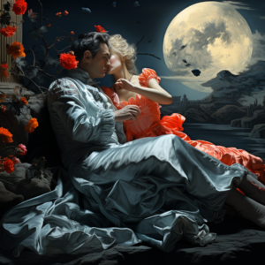 Romantic lovers full moon art print with couple in period dress under large moon