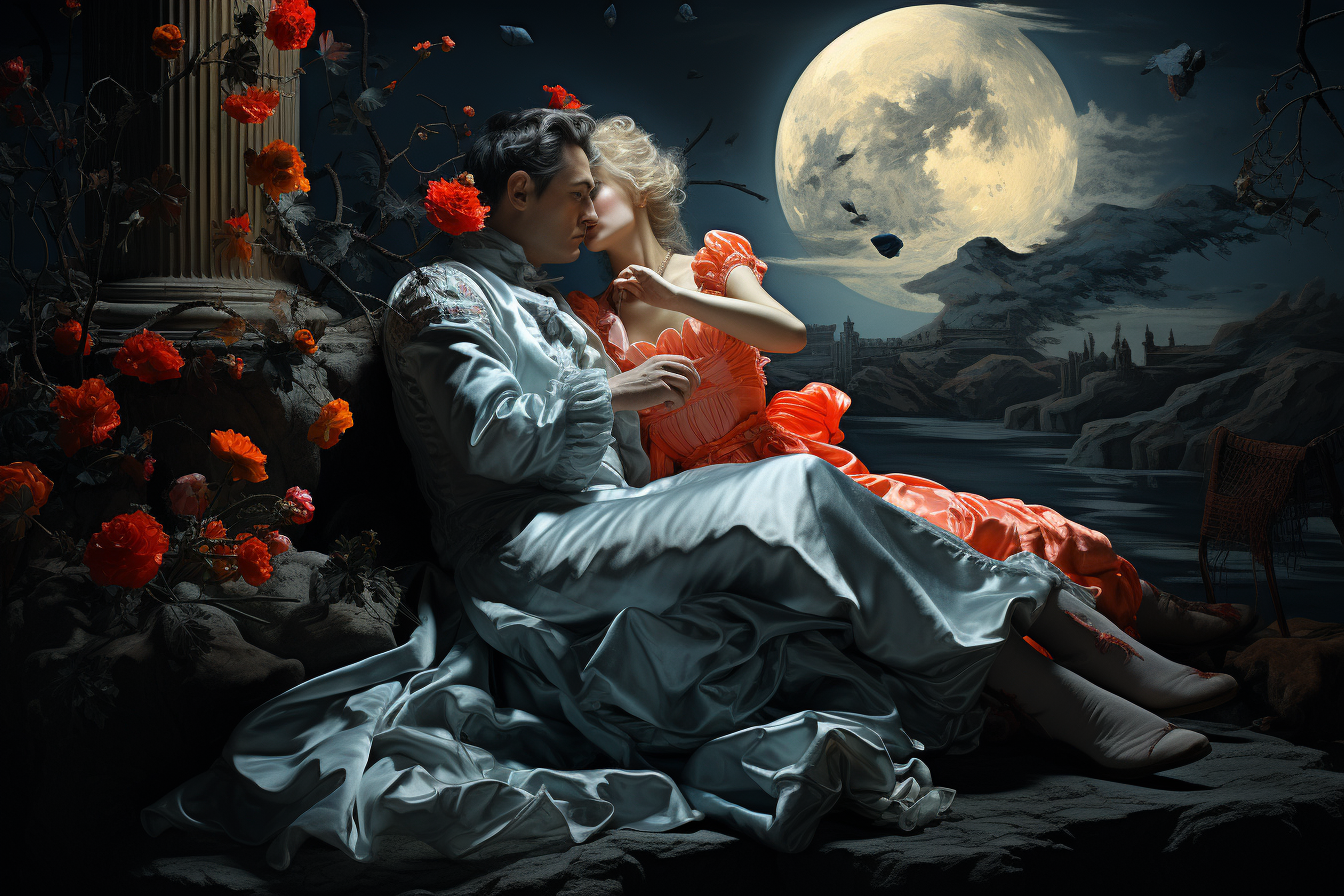 Romantic lovers full moon art print with couple in period dress under large moon