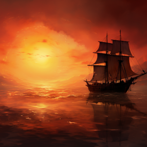 Sailing ship crimson sunset art print showing three-masted ship on reflective crimson waters