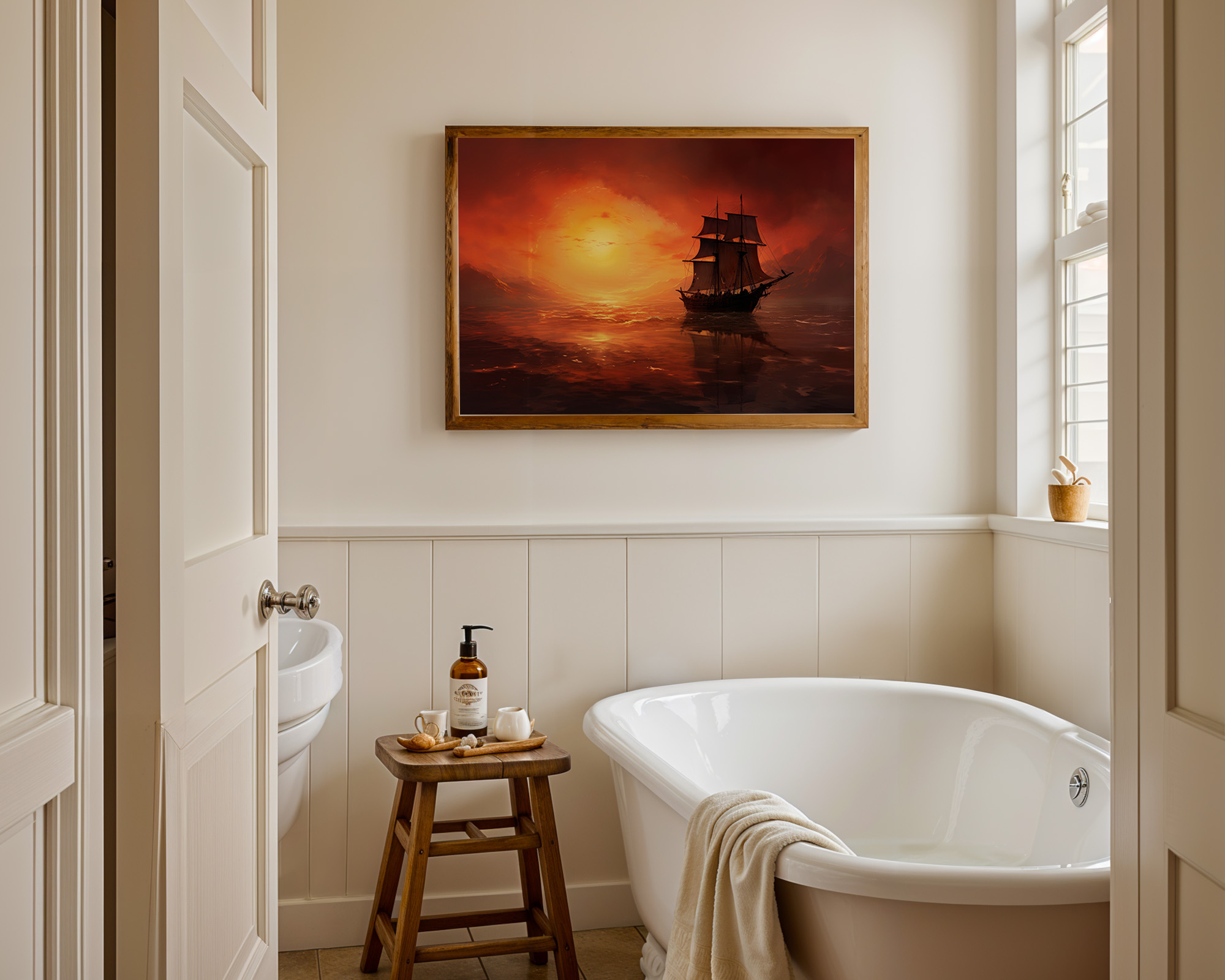 Crimson Passage Sailing Ship Art Print - room mockup