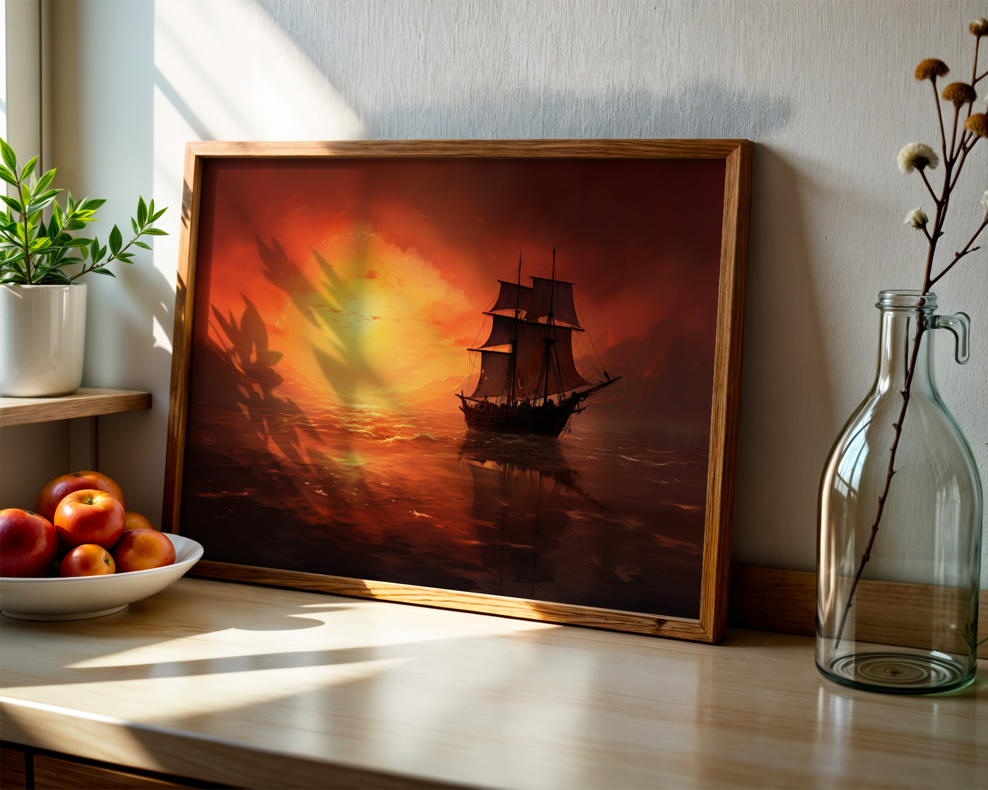Crimson Passage Sailing Ship Art Print - room mockup