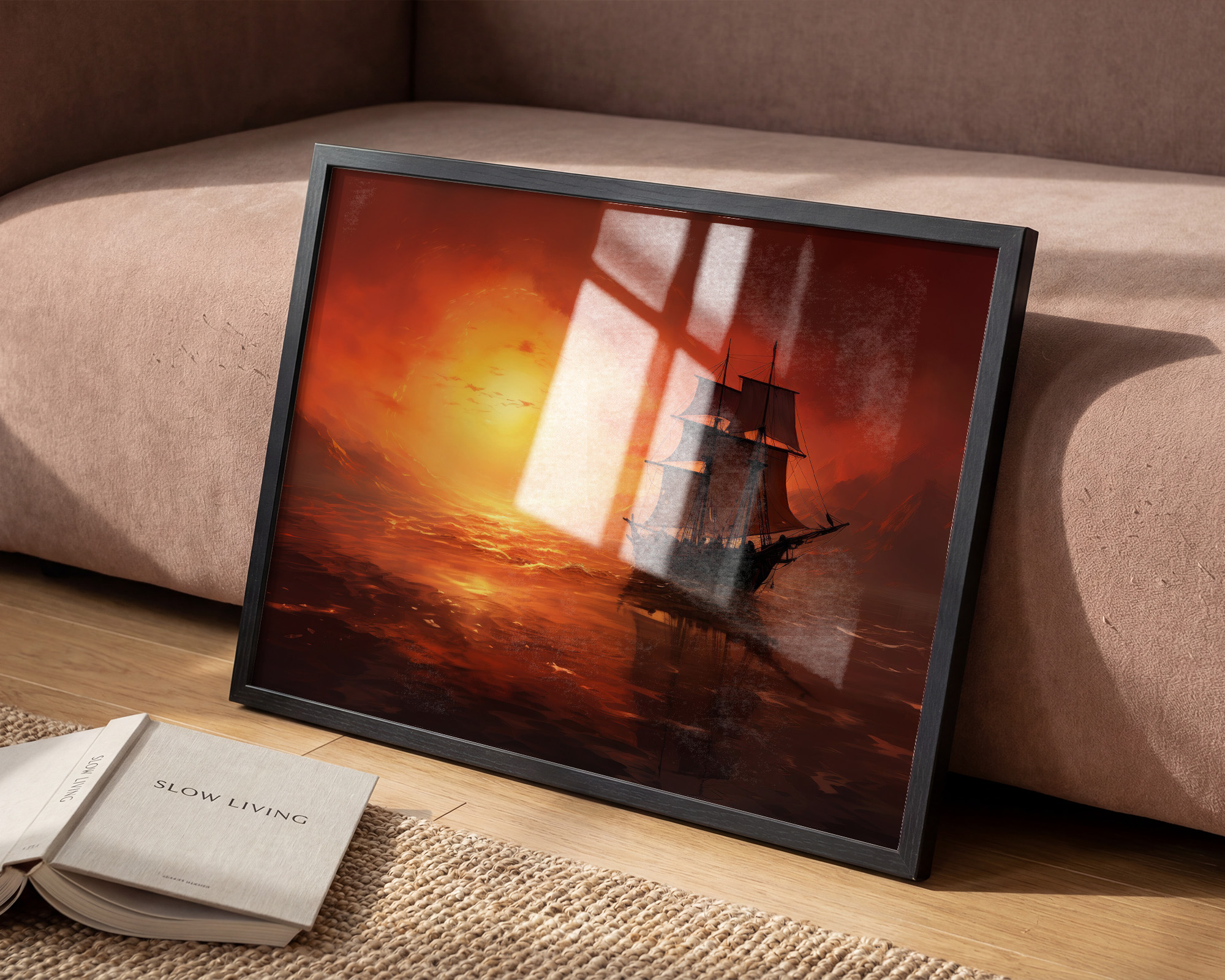 Crimson Passage Sailing Ship Art Print - room mockup