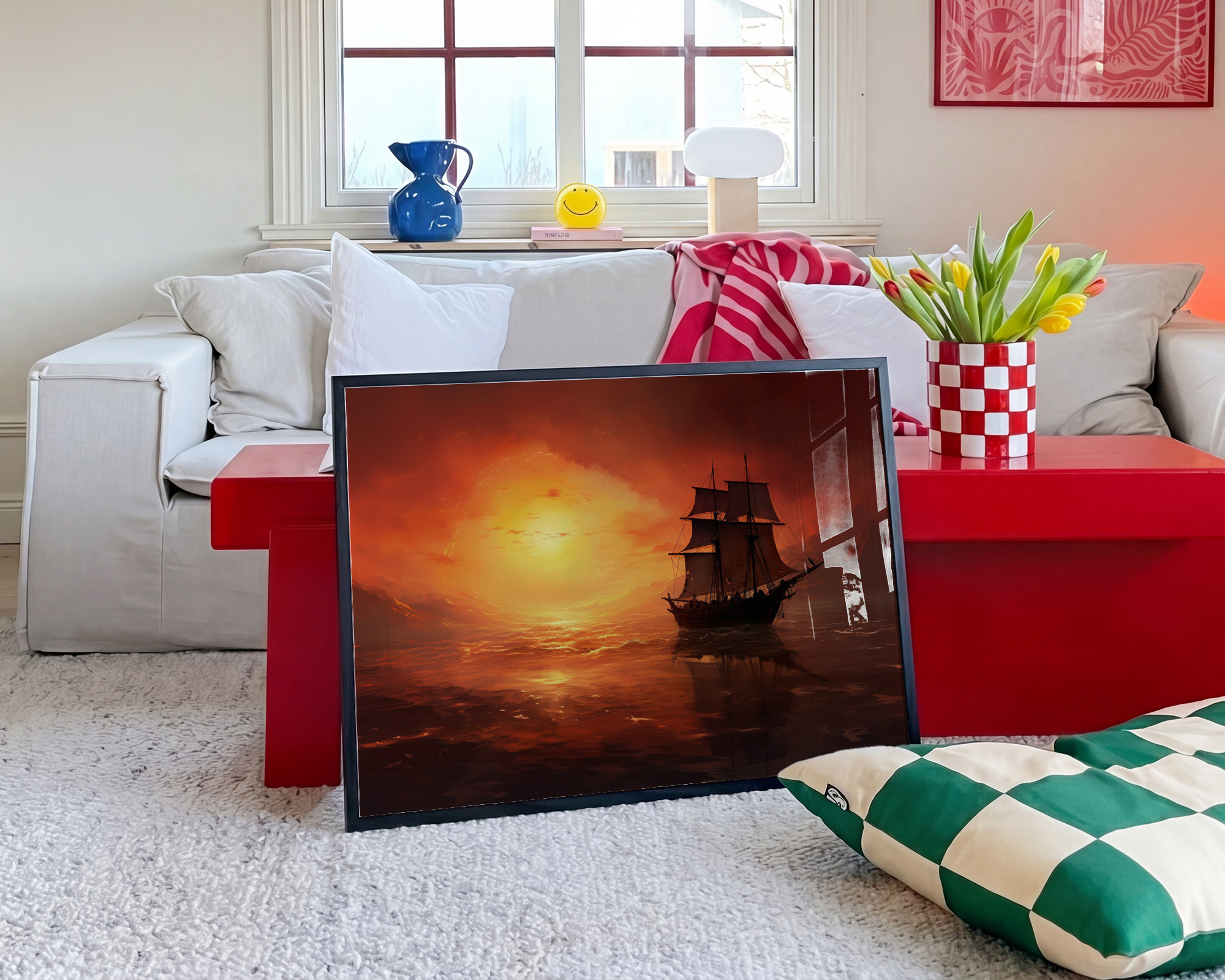 Crimson Passage Sailing Ship Art Print - room mockup