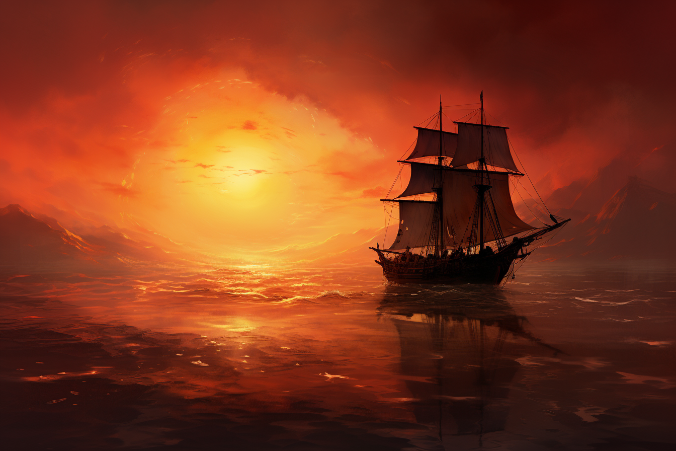 Sailing ship crimson sunset art print showing three-masted ship on reflective crimson waters