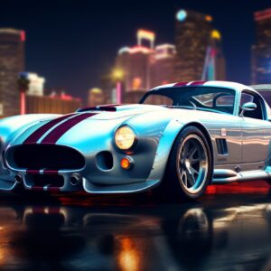 Classic silver cobra neon city art print with magenta stripes on wet night street
