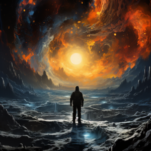 Solitary figure cosmic vortex art print depicting silhouette on cratered alien landscape