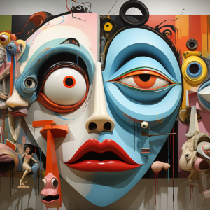 Surreal blue face red lips art print featuring fragmented collage and multiple eyes