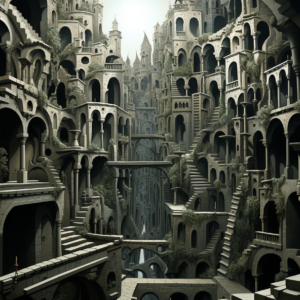 Surreal labyrinth stone arches art print of ivy covered fantasy colonnades and staircases