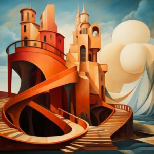 Surreal orange spiral staircase art print of terracotta towers white spheres and checkerboard shore