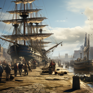 Cinematic tall ships golden harbor art print with blue galleon and busy docks
