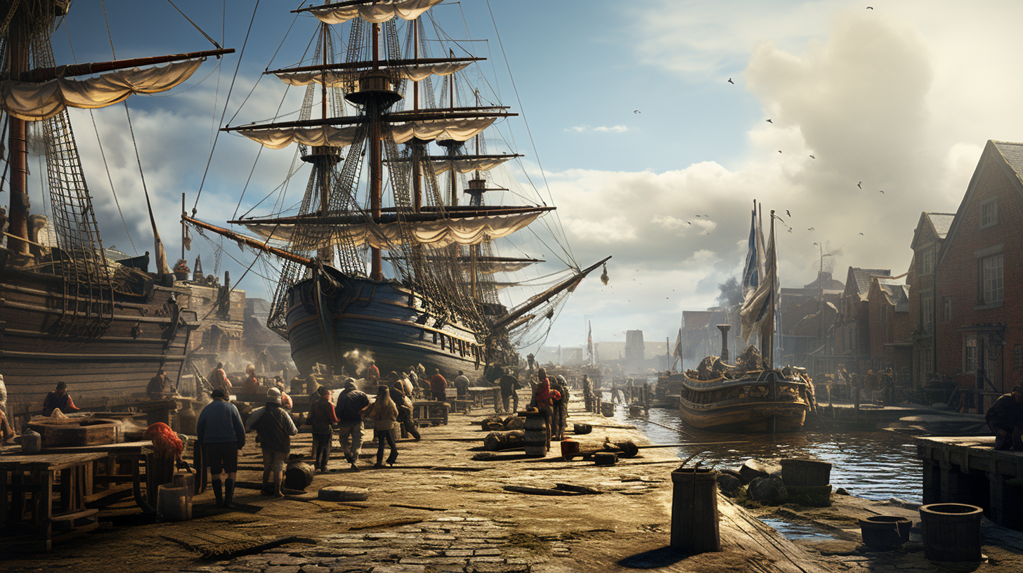 Cinematic tall ships golden harbor art print with blue galleon and busy docks