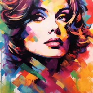 Vibrant multicoloured woman portrait art print of expressive female face with abstract colour blocks