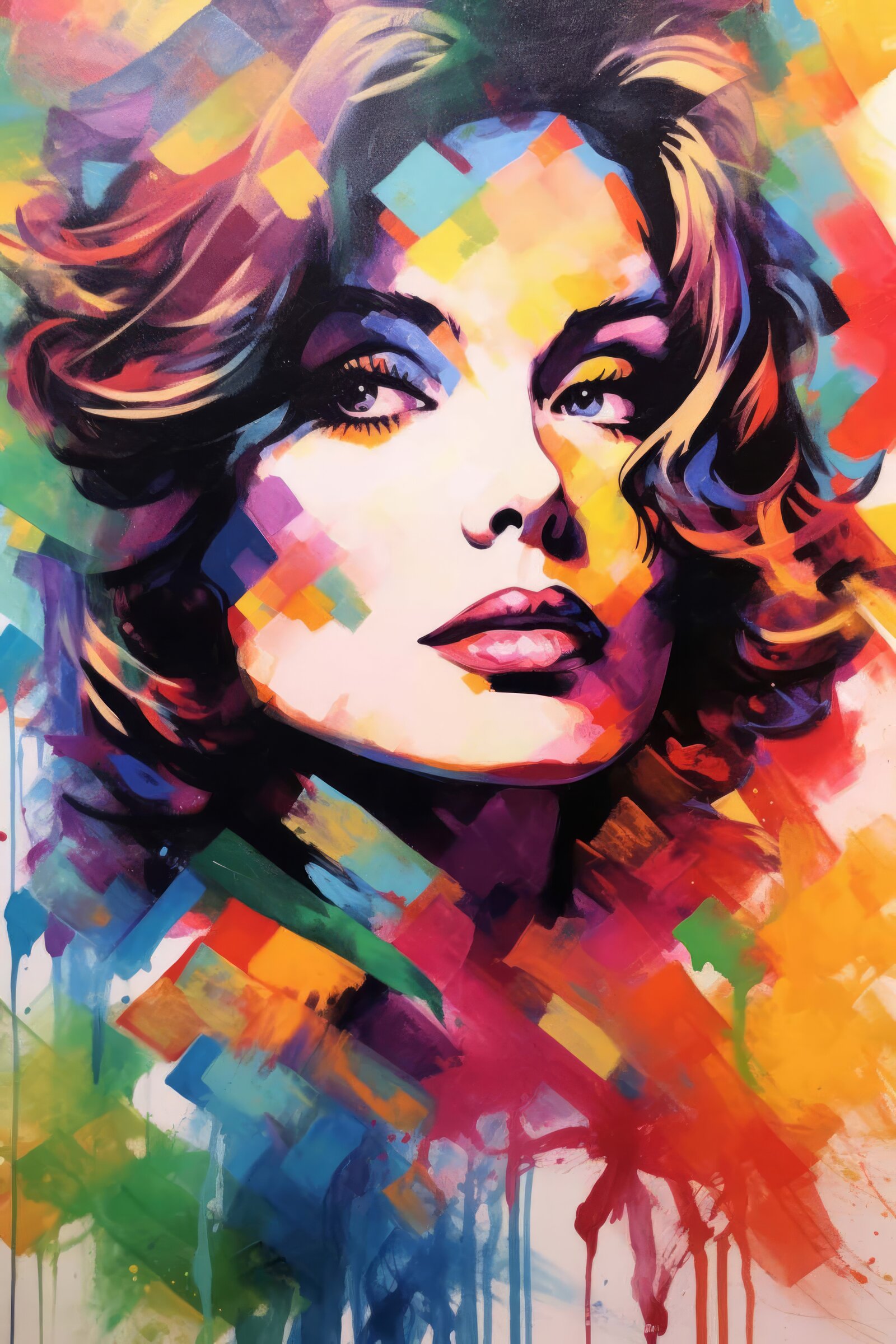 Vibrant multicoloured woman portrait art print of expressive female face with abstract colour blocks