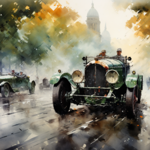 Vintage green racing cars art print of emerald racers charging a wet boulevard