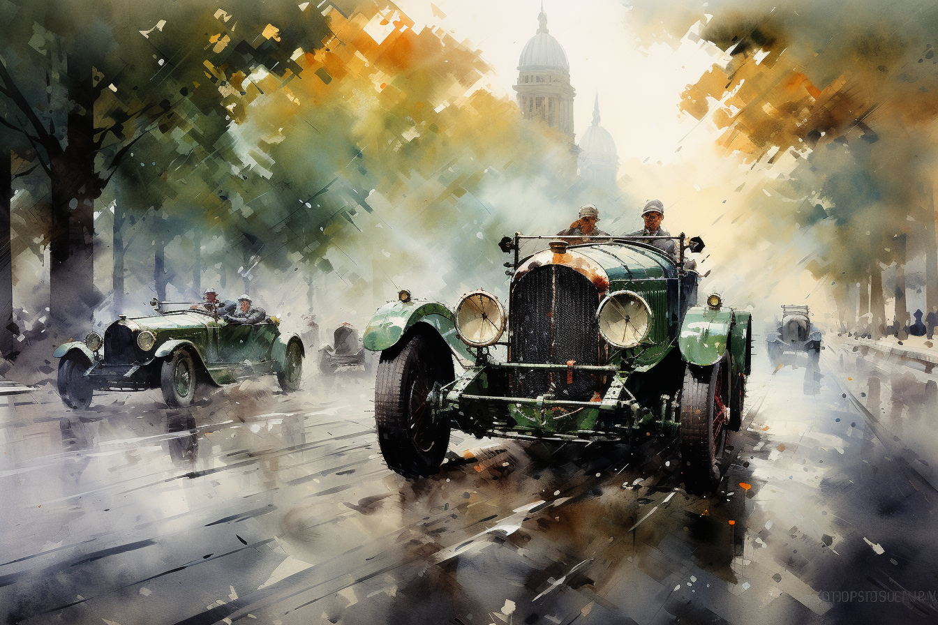 Vintage green racing cars art print of emerald racers charging a wet boulevard