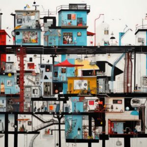 Whimsical architecture cross section art print with multi-level miniature rooms in red blue and yellow
