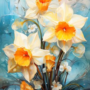 White orange daffodils art print featuring luminous flowers on ethereal blue background
