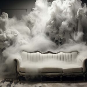 White ornate sofa smoke art print with elegant sofa in billowing ethereal white clouds