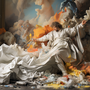 Bearded classical artist white robes paint explosion art print with brushes and clouds
