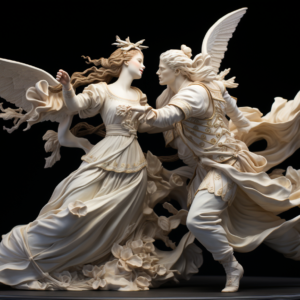 Winged angels ivory embrace art print depicting two celestial figures in marble dance